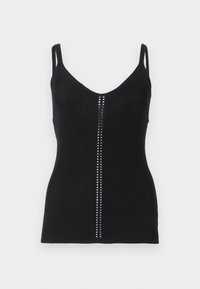 Černý pletený top bez rukávů s kulatým výstřihem, štíhlými ramínky a vertikálním řetězcem stříbrných cvočků podél středového švu.