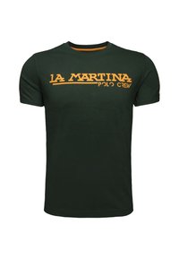 Mørkegrøn t-shirt lavet af bomuld, med orange "LA MARTINA POLO CREW" tekst på tværs af brystet. Crew neck-design, korte ærmer.