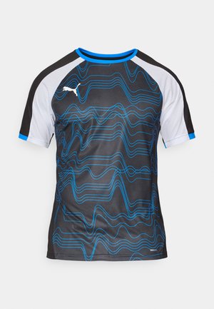 Black athletic shirt with blue wave pattern, white mesh accents at shoulders, and blue trim around the collar. Made from moisture-wicking fabric.