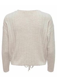 Hellbeige, kurz geschnittenes Sweatshirt mit gerippter Textur, weiten Ärmeln und einem Kordelzug im Rücken. Schlichtes Design, weicher Stoff.