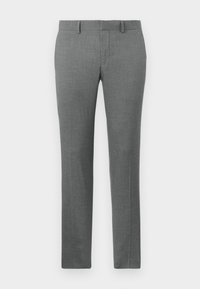 Grå skreddersydde bukser med en glatt tekstur, rett ben-design, beltestropper og et subtilt herringbone-mønster gjennom hele.