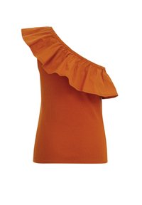 Top a spalla unica di un vivace arancione con scollatura arricciata. Realizzato in tessuto a costine, presenta un design aderente e una superficie liscia.
