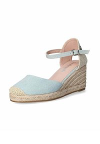 Scarpa espadrilla con zeppa color blu chiaro, punta rotonda, cinturino alla caviglia e tacco avvolto in iuta. Sovrapposizione in tessuto testurizzato e interno morbido.