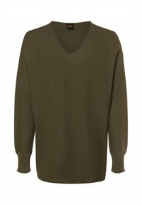 Olivgrüner V-Ausschnitt-Pullover mit langen Ärmeln. Hergestellt aus strukturiertem Strickstoff, mit gerippten Bündchen und einem lockeren Schnitt.
