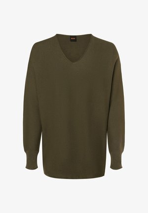 Olivgrüner V-Ausschnitt-Pullover mit langen Ärmeln. Hergestellt aus strukturiertem Strickstoff, mit gerippten Bündchen und einem lockeren Schnitt.