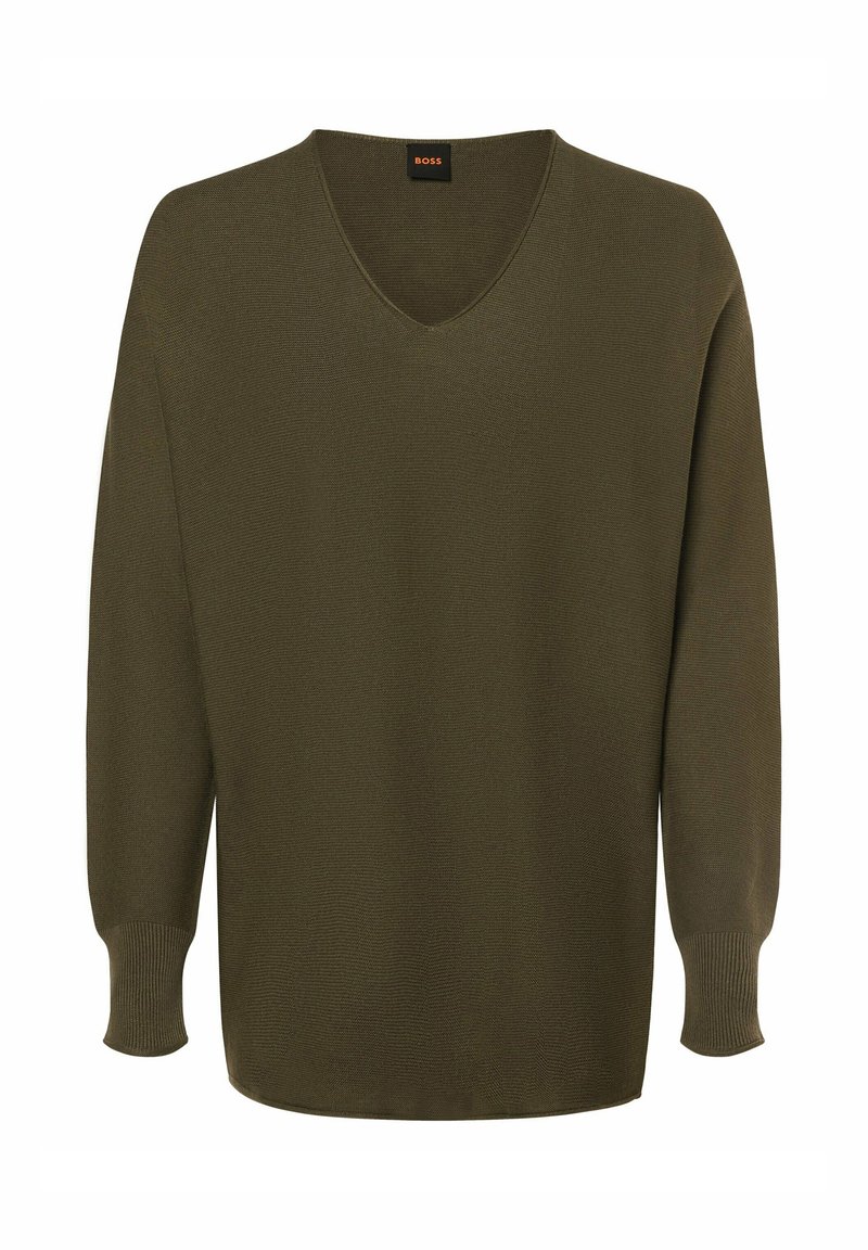 Olivgrüner V-Ausschnitt-Pullover mit langen Ärmeln. Hergestellt aus strukturiertem Strickstoff, mit gerippten Bündchen und einem lockeren Schnitt.