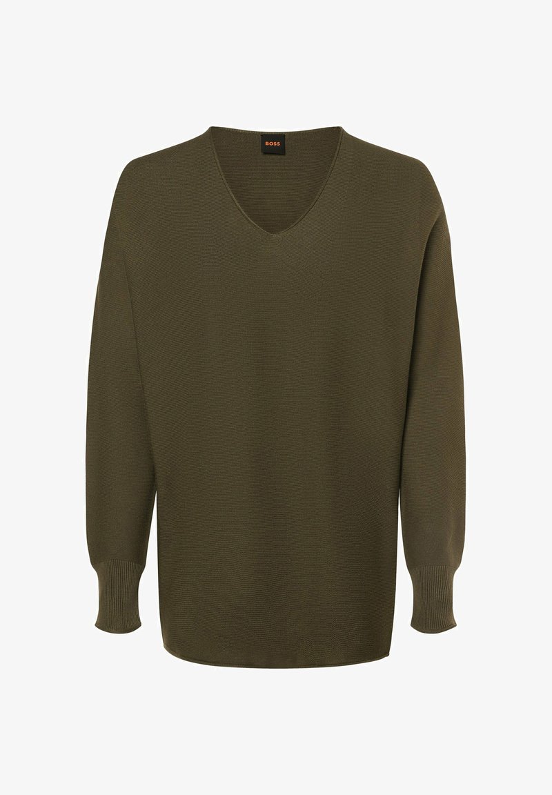 Olivgrüner V-Ausschnitt-Pullover mit langen Ärmeln. Hergestellt aus strukturiertem Strickstoff, mit gerippten Bündchen und einem lockeren Schnitt.