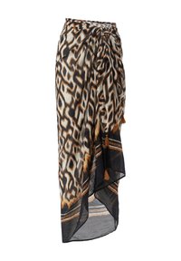 Leopardenmuster Wickelrock aus leichtem Chiffon. Mit schwarz, braun und cremefarbenen Akzenten, Quasten und einem fließenden Design.