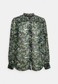 Blusa nera floreale realizzata in un materiale trasparente con motivi floreali verdi e blu, maniche lunghe e scollo arricciato.