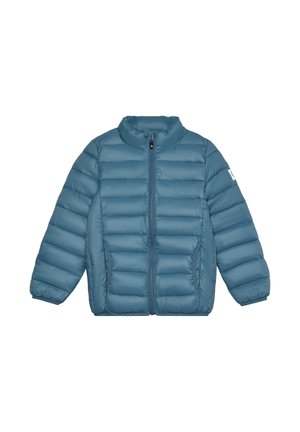 Blaue Steppjacke mit Frontreißverschluss, hohem Kragen und seitlichen Taschen. Verfügt über horizontale Steppnähte und elastische Bündchen.