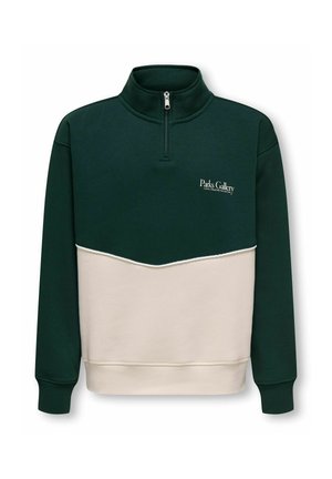 Donkergroene en beige trui met kwart-ritssluiting, lange mouwen en "Parks Gallery" logo op de linkerborst. Geribbelde manchetten en zoom.
