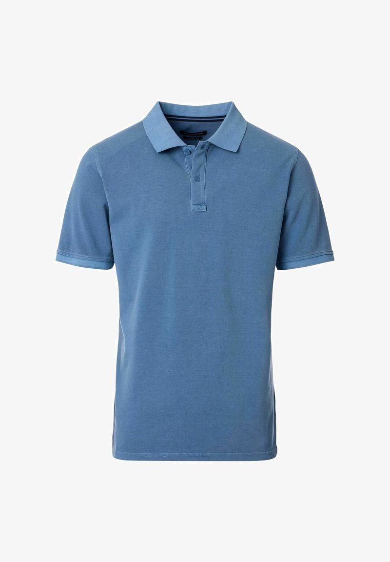 Jasnoniebieska koszulka polo wykonana z bawełny. Posiada klasyczny kołnierzyk, krótkie rękawy, zapięcie na dwa guziki oraz prosty dół. Gładka tekstura.
