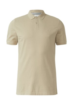 Beige Poloshirt mit kurzen Ärmeln, Kragen und zwei Knöpfen am Schlitz, einfarbiges Design, Vorderansicht.