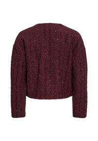 Burgundy stickad cardigan med en texturerad design, kort passform, långa ärmar och subtila lysteraccenter.