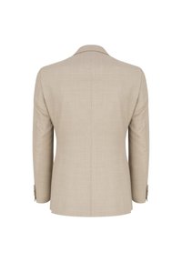 Beżowa marynarka wykonana z gładkiego, teksturowanego materiału, o dopasowanym kroju, z wyłogami i dwoma guzikami na każdym mankiecie.