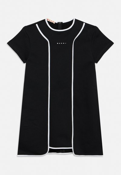 Black short-sleeve dress with white piping along the front and neckline, featuring a small centered "MARNI" logo and a back zipper closure.