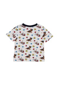 Short-sleeved gray t-shirt featuring a colorful print of cartoon dogs and paw prints. Accented with a navy ribbed neckline. Soft fabric.