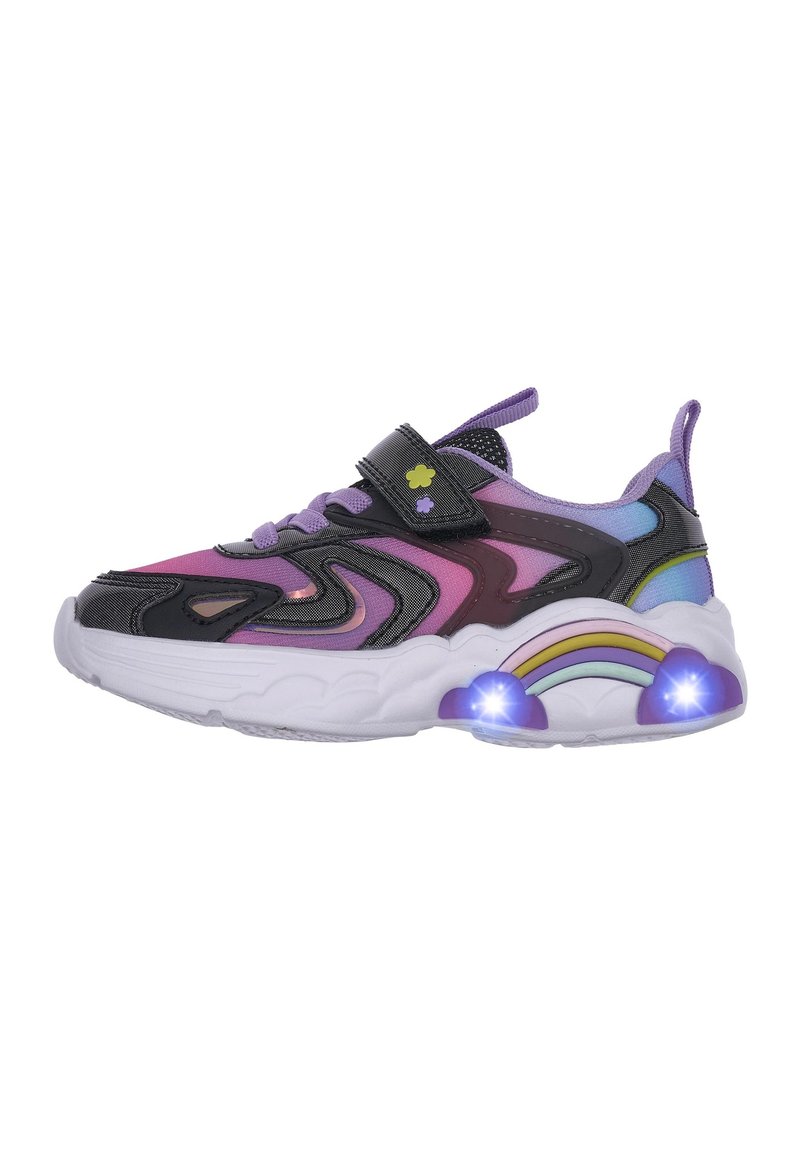 Sneaker con tessuto multicolore in viola, rosa e nero. Presenta una fascetta in Velcro e un dettaglio luminescente arcobaleno sulla suola. Suola bianca spessa.