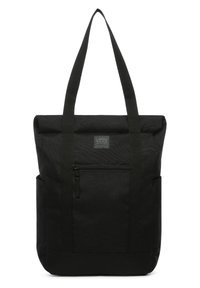 Czarna torba na ramię wykonana z trwałego materiału, z zamknięciem na rolowanie, dwoma długimi paskami i przednią kieszenią na zip. Prosty i funkcjonalny design.