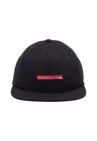 Black cap made of fabric with a flat brim, featuring a red embroidered "QUIKSILVER" logo on the front. Minimalist design.