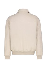 Beige Bomberjacke mit glatter Textur, kragenloser Halslinie, elastischen Bündchen und Saum. Einfaches, klares Design ohne sichtbare Hardware.