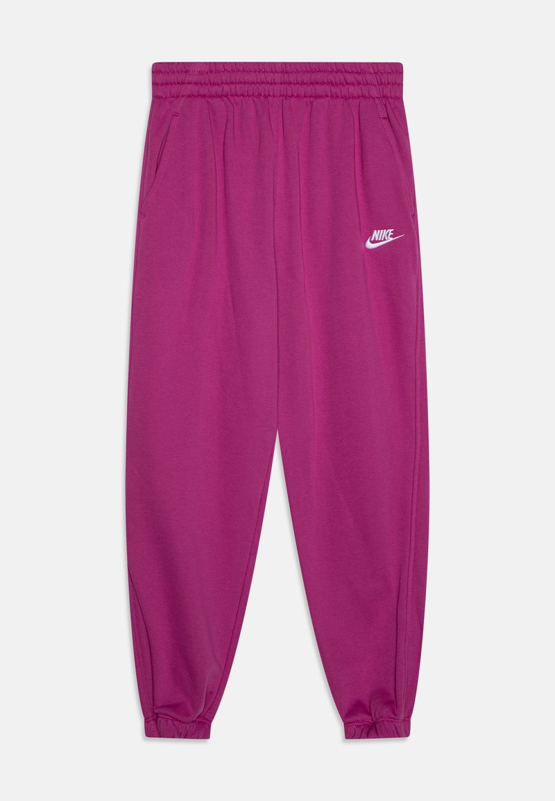 Violet Nike sporta bikses ar elastīgu jostu, sānu kabatām un balto logotipu. Izgatavotas no mīksta, gluda auduma ar sašaurinātu piegriezumu.