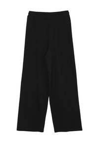 Schwarze, weit geschnittene Hosen mit einem elastischen Bund. Hergestellt aus weichem Stoff, mit einer glatten Textur und ohne sichtbare Muster oder Beschläge.