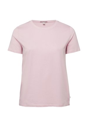 Hellrosa T-Shirt mit kurzen Ärmeln und rundem Ausschnitt, geradem Saum und kleinem Stoffetikett an der linken Seitennaht.