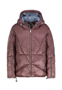 Mauvefarbene Daunenjacke mit gestepptem Design, Kapuze, silbernem Reißverschluss sowie Kordelzügen am Saum und an den Ärmeln. Mit hellblauem Stoff gefüttert.