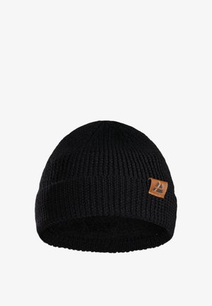 Gorro de punto negro con textura acanalada, con un dobladillo enrollado y una pequeña etiqueta de cuero marrón en un lado. Material acrílico, acabado suave.
