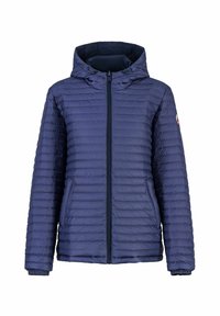 Veste matelassée bleu foncé avec capuche, dotée d'une fermeture éclair à l'avant, de poignets côtelés et d'un motif matelassé horizontal.