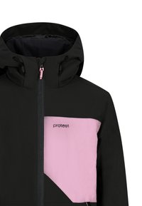 Zwarte jas met een roze diagonale paneel. Bevat een ritssluiting aan de voorkant, een verstelbare capuchon en de merknaam "protest" op het borstgebied.