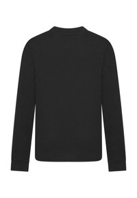 Long-sleeve black shirt, cotton material, crew neckline, plain design, smooth texture, basic cuffs, no visible branding or accents.
