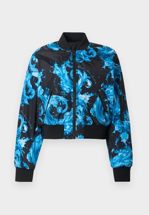 Black bomber jacket with blue swirling water and wave patterns, front zipper, side pockets, and ribbed collar and cuffs.