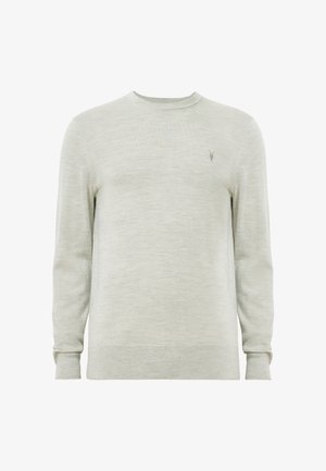 Vaaleanharmaa neulepusero, jossa on pyöreä kaula-aukko, pitkät hihat ja huomaamaton logo rinnassa. Sileä pinta ja yksinkertainen muotoilu.