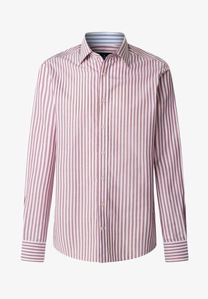 Gestreiftes Langarmhemd aus Baumwolle. Verfügt über abwechselnd rote und weiße vertikale Streifen, einen Button-Down-Kragen und einen abgerundeten Saum.