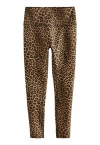 Leggings de estampado de leopardo con una cinturilla alta, elaboradas con una tela suave, que presentan una mezcla de manchas marrones y negras sobre un fondo beige.