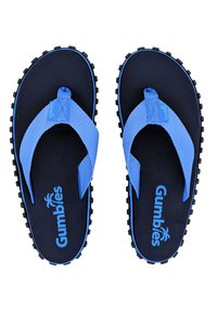 Blue rubber flip-flops with textured black footbed, blue straps, and a logo. Features a rugged outsole for traction.