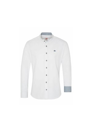 Chemise blanche à manches longues avec un col montant, accents bleus sur les poignets et fermeture à boutons. Présente des boutons décoratifs et un logo discret sur la poitrine.