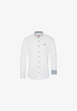 Chemise blanche à manches longues avec un col montant, accents bleus sur les poignets et fermeture à boutons. Présente des boutons décoratifs et un logo discret sur la poitrine.