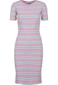 Robe ajustée à manches courtes longueur genou avec des rayures horizontales roses, blanches et bleu clair, col rond et étiquette Urban Classics.