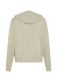 Sudadera con capucha de color caqui claro, con un corte cómodo, puños y dobladillo acanalados. Textura suave con un diseño sencillo, sin logotipos visibles.