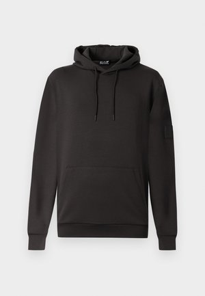 Sweat à capuche noir à enfiler avec cordons, poche kangourou devant et logo EA7 sur l’étiquette au niveau du col et sur le patch de la manche gauche.