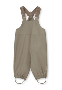 Kaki overalls med justerbare brune stropper, elastiske manchetter og en glat tekstur. Indeholder to frontlommer til opbevaring.