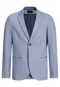 Světle modrý pánský blazer s jedním hnědým knoflíkem, klopové reverzy a tmavým vzorovaným podšívkou, viditelné přední a boční kapsy.