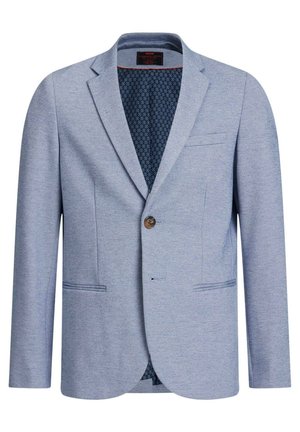 Blazer pour hommes de couleur bleu clair avec un unique bouton marron, revers crantés, et doublure intérieure à motifs sombres, avec poches avant et latérales visibles.