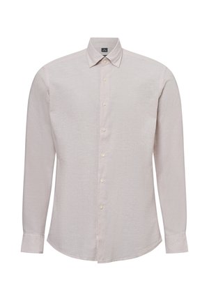 Light pink long-sleeve shirt in a textured fabric with a button-down collar, featuring a row of small buttons and a curved bottom hem.