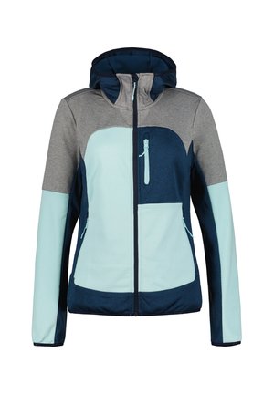 Kurtka damska z kapturem, z zamkiem błyskawicznym z przodu oraz kieszeniami na piersi i bokach zapinanymi na zamek, w kolorach blokowych: szarym, granatowym i jasnoniebieskim.