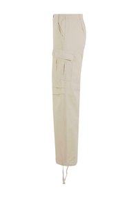 Beige cargo bukser med tapered ben, sidelommer, snøre ved anklerne og synlige sømdetaljer for ekstra tekstur.