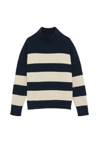 Sweter dzianinowy w granatowo-kremowe paski z wysokim prążkowanym kołnierzem, z teksturowanej tkaniny i obniżonymi ramionami.